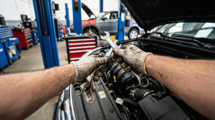 Mechanic's gloved hands holding wrenches and a rag, preparing to work on a car engine while performing automotive maintenance and service in a professional garage
