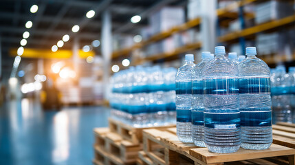 Close-up of shrink-wrapped water bottle stacks arranged symmetrically on pallets, spacious warehouse with industrial racking and clear signage defocused, with copy space