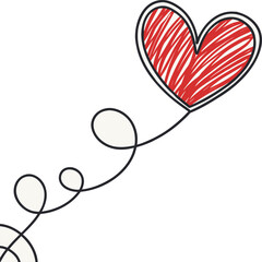 Hand drawn red scribble heart balloon with curly string on white background, romantic doodle concept for Valentine's Day or love.