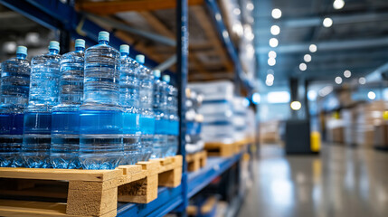 Stacked pallets of water bottles reaching high toward steel trusses in clean organized fulfillment center, warehouse storage, defocused ceiling, with copy space