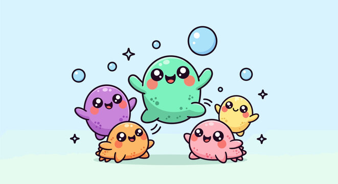 Cute Kawaii Blob Monsters Group Playful Fun.