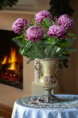 Still life with bouquet of purple chrysanthemum 