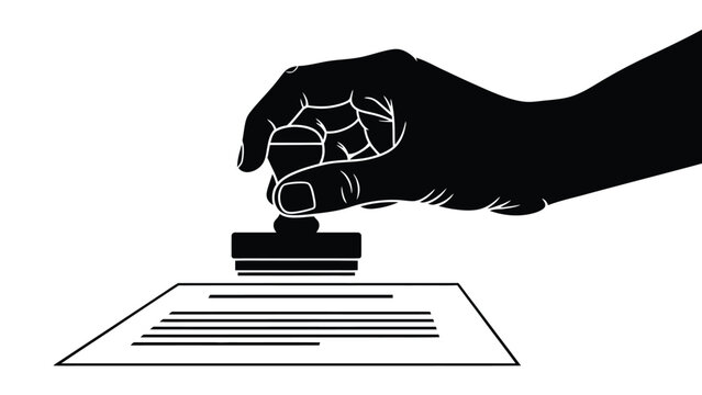 A hand pressing a stamp onto a document symbolizing validation or agreement