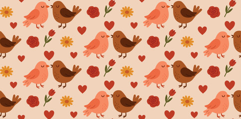 Vector seamless pattern. Love birds. Valentine's Day. Children's illustration. Wrapping paper. Cute wallpaper.