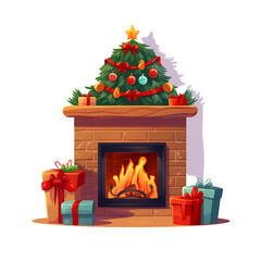 Cozy Home Fireplace with Festive Christmas Tree