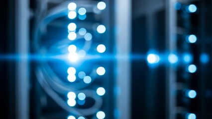 Abstract Blue Bokeh Lights and Lens Flare in Data Center Server Room