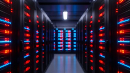 Data center servers glowing blue and red in server room corridor