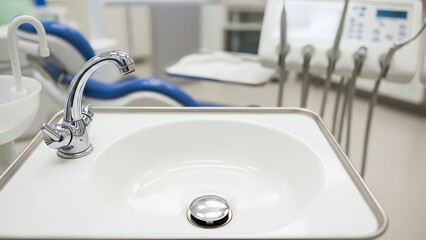 Dental sink with faucet in bright modern clinic interior