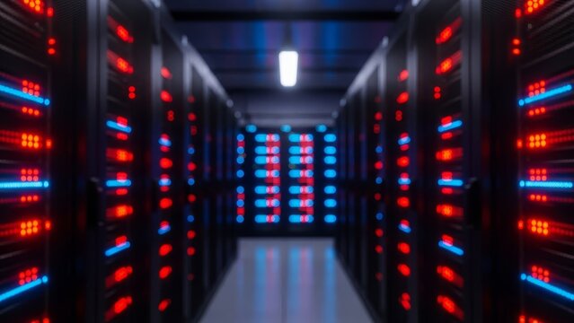 Data center servers glowing blue and red in server room corridor - Powered by Adobe