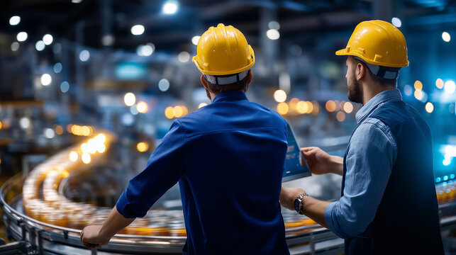Workers monitoring complex conveyor system faceless, factory assembling consumer goods for global distribution, defocused manufacturing equipment, with copy space