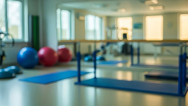 Empty fitness studio with exercise balls and barre equipment