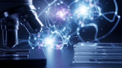Microscope observing abstract glowing neural network connections and laboratory glass slides