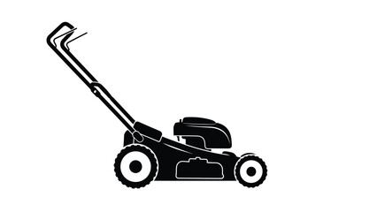 A simple black and white illustration of a classic push lawn mower