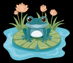 Dark blue frog sitting on a green lily pad in a pond during a calm night illustration