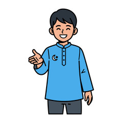 Fototapeta premium A smiling boy in a blue shirt points towards the viewer with a friendly gesture 