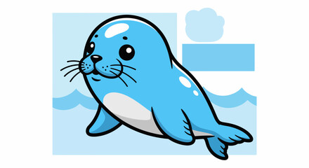 Fototapeta premium Cute cartoon blue seal swimming in water illustration.