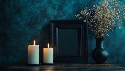 Black funeral frame with white flowers and lit candles. Empty space for obituary photo, text, or memorial tribute. Dark moody background