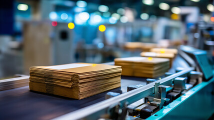 Obraz premium Stacks of flat cardboard sheets moving along conveyor in high-tech packaging factory, manufacturing efficiency, defocused equipment background, with copy space