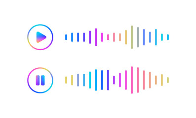 Vector colorful audio waveform and music player interface elements. Set of vibrant gradient sound waves with play and pause buttons isolated on white background.