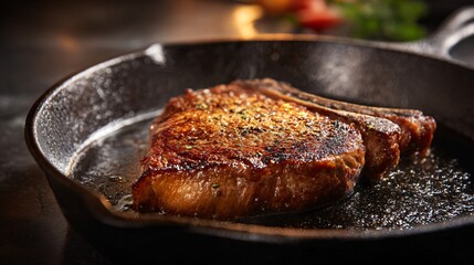Fototapeta premium Steak resting on cast-iron skillet, kitchen countertop background