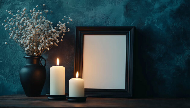 Black funeral frame with white flowers and lit candles. Empty space for obituary photo, text, or memorial tribute. Dark moody background