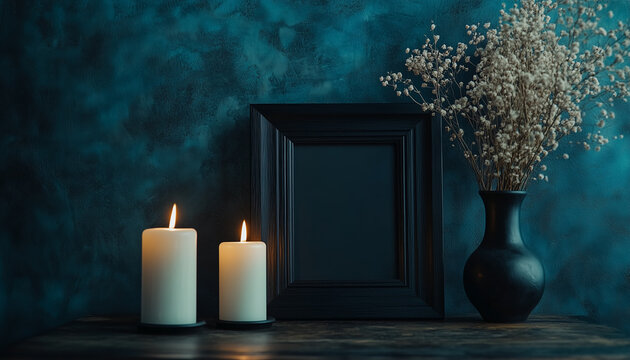 Black funeral frame with white flowers and lit candles. Empty space for obituary photo, text, or memorial tribute. Dark moody background