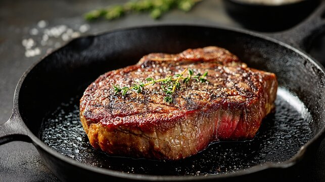 Steak resting on cast-iron skillet, kitchen countertop background
