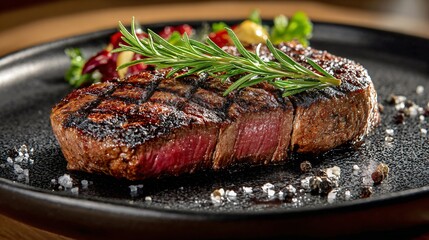 Steak served on dark plate against light background, strong contrast, copy space above