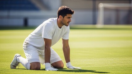 A man kneeling down on a soccer field