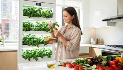 Woman Picking Fresh Herbs from Smart Indoor Vertical Garden. Represents urban farming, healthy living, smart home, and sustainability.