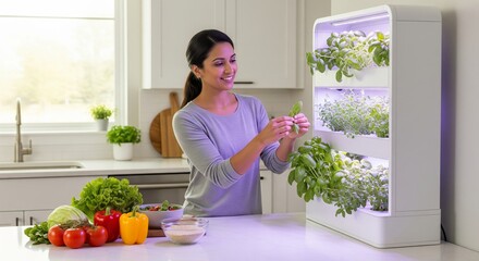 Woman Picking Fresh Herbs from Smart Indoor Vertical Garden. Represents urban farming, healthy living, smart home, and sustainability.