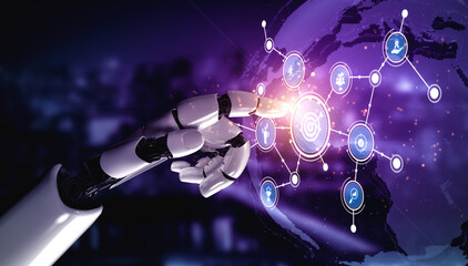 Obraz premium A futuristic robot hand interacts with a digital network on a vibrant purple background, symbolizing advanced technology and global connectivity in modern society. Tessel