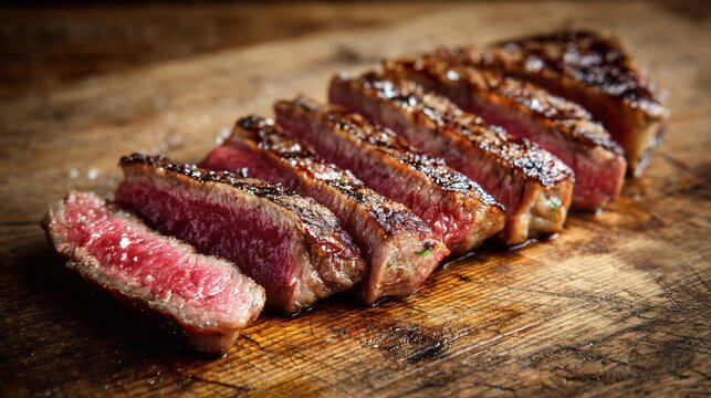 Steak sliced thinly on raw wood table, natural daylight, rustic authenticity