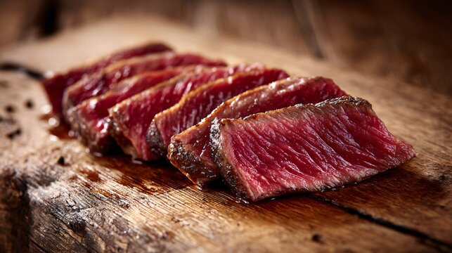 Steak sliced thinly on raw wood table, natural daylight, rustic authenticity