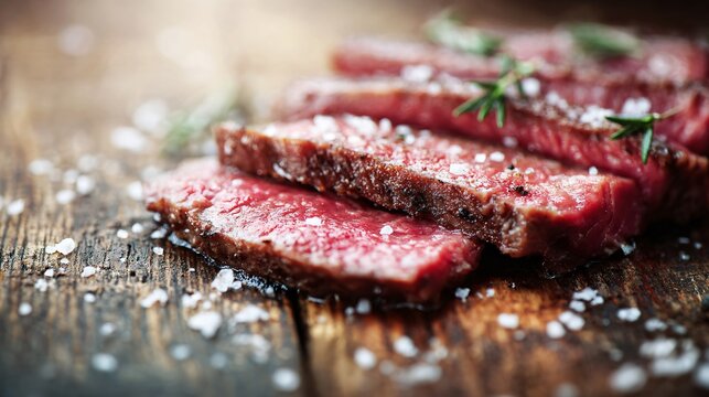 Steak sliced thinly on raw wood table, natural daylight, rustic authenticity