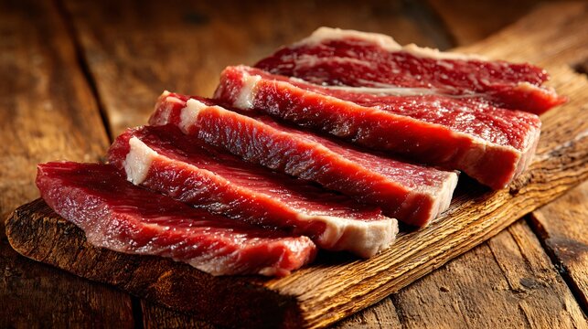Steak sliced thinly on raw wood table, natural daylight, rustic authenticity