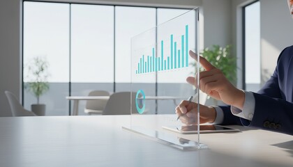 A person seated at a desk, intently studying a computer screen that displays a graph of blue bars against a white background