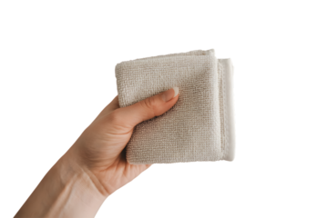 hand holding clean soft cloth towel . Isolated on transparent background, png