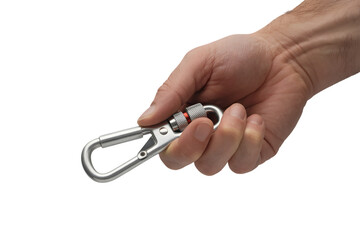 hand holding carabiner with a swivel clasp  . Isolated on transparent background, png