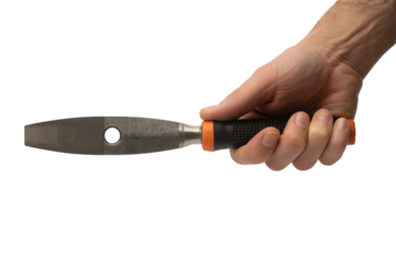hand holding a metal scraper tool for work  . Isolated on transparent background, png