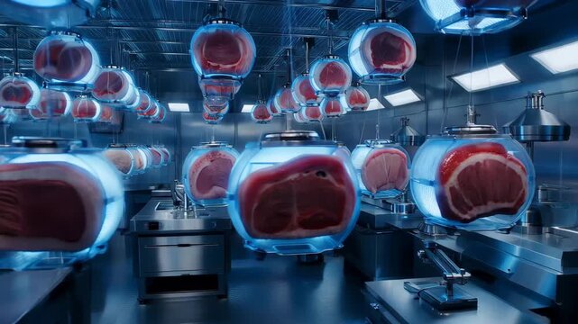 Meat processing in high-tech facility with bright lights and hanging cuts at modern time