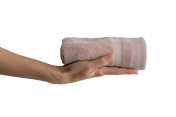 hand delicately holding rolled-up towel  . Isolated on transparent background, png