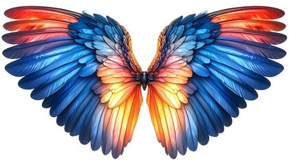 Obraz premium Symmetrical pair of vibrant wings, transitioning through fiery orange, sunset hues and deep blues. Detailed feather structures present