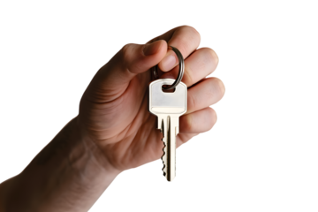 Hand holding a single key, ready for new beginnings  . Isolated on transparent background, png