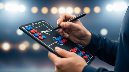 A person's hands holding a black tablet with a soccer game displayed on it