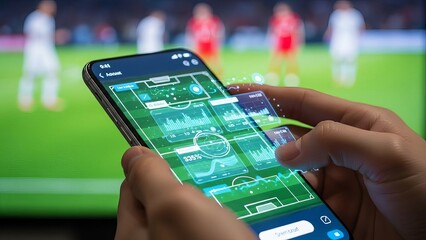 A person's hand holding a smartphone that is open to an app displaying a soccer game
