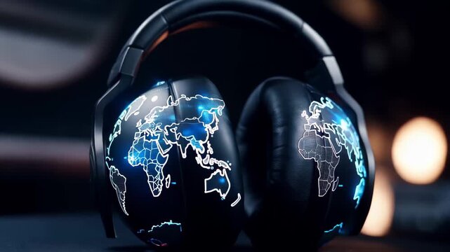 Discover sound with a headset showcasing a digital world map and futuristic design in urban setting