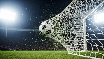 A soccer goal with a white netting and a black ball flying towards it at high speed