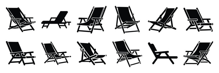 Collection of Silhouette beach chair icon set isolated on transparent background. Vector illustration set. © KartikChandro