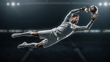 A soccer goalkeeper mid-air with his arms outstretched, reaching for a red and black soccer ball that is suspended in front of him